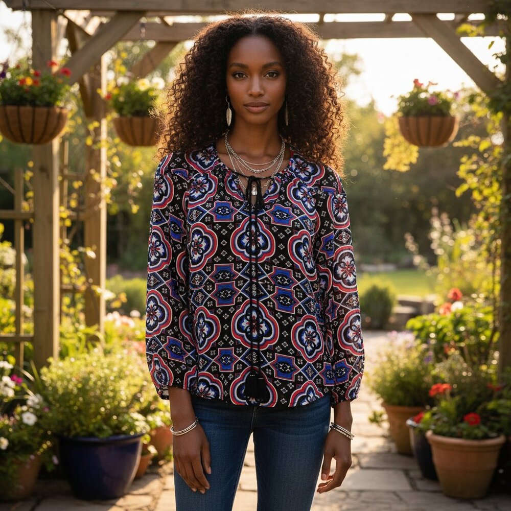Daniel‎ Rainn M Womens Black Red Blue Mosaic Medallion Tie Top Boho Festival Mod